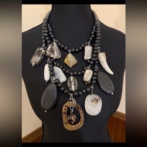 Chico’s Chunky Boho Multi-Strand Statement Necklace Black Neutral Beads